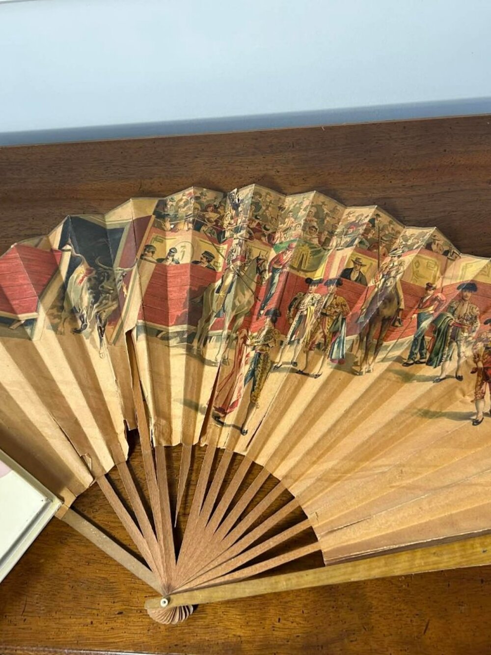 Vintage 15” Spanish wood and paper Sensu folding paper fan - As Is